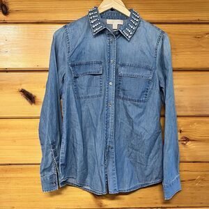 Michael Kors Medium Wash Women's Rhinestone Collar Denim Shirt, Sz. M